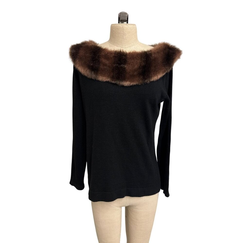 Vintage Designers Originals Black Sweater With Luxurious Brown Faux Fur Collar M